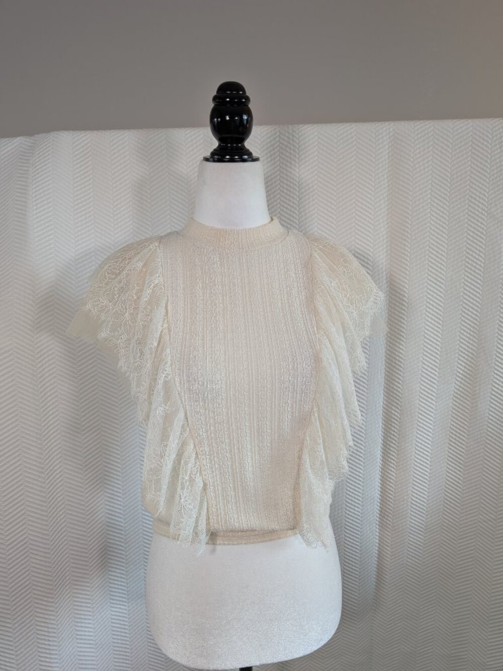 Cream Fairycore Lace Tulle Knit Top Romantic Cottagecore S/M Feminine Whimsical